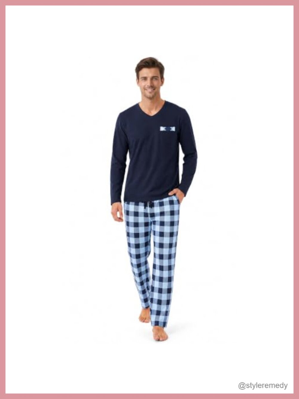 Men's Cotton Blend Plaid Pajama Set Long Sleeve Sleepwear Loungewear